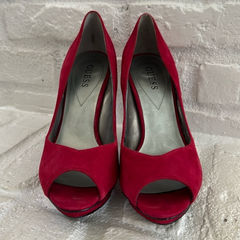 Guess Red Suede Peep Toe Heels, 9